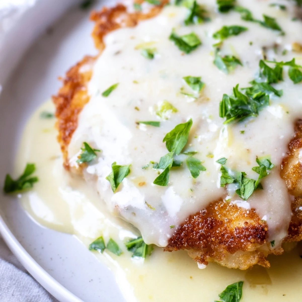 Pan-fried chicken with panko coating served over homemade garlic creamy sauce
