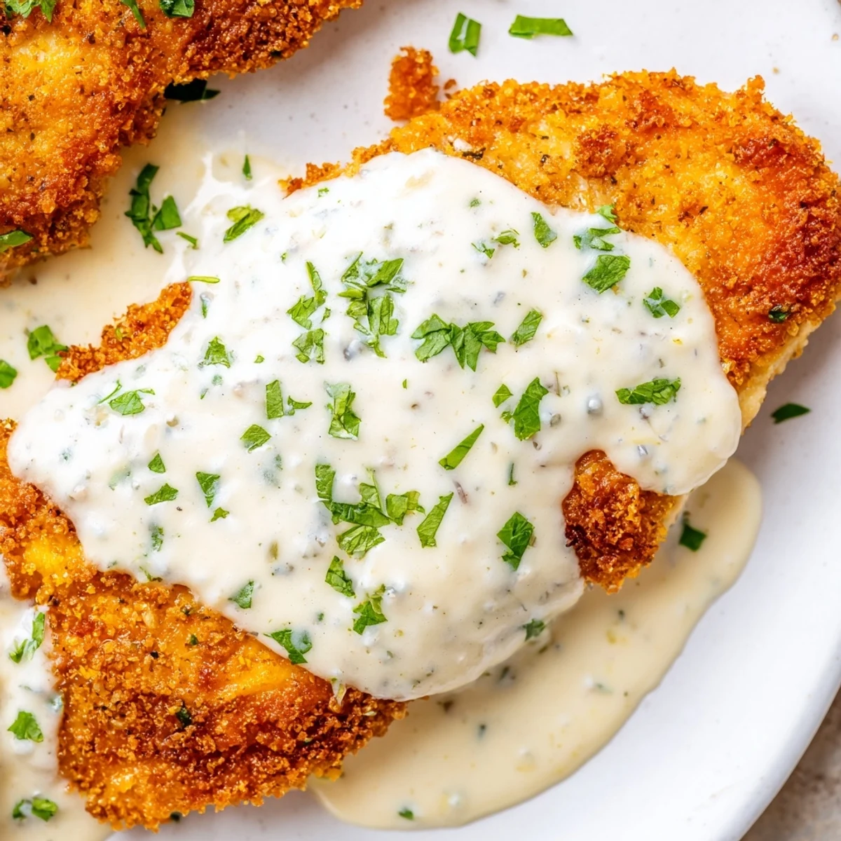 Golden brown crispy chicken breasts drizzled with rich velvety parmesan cream sauce
