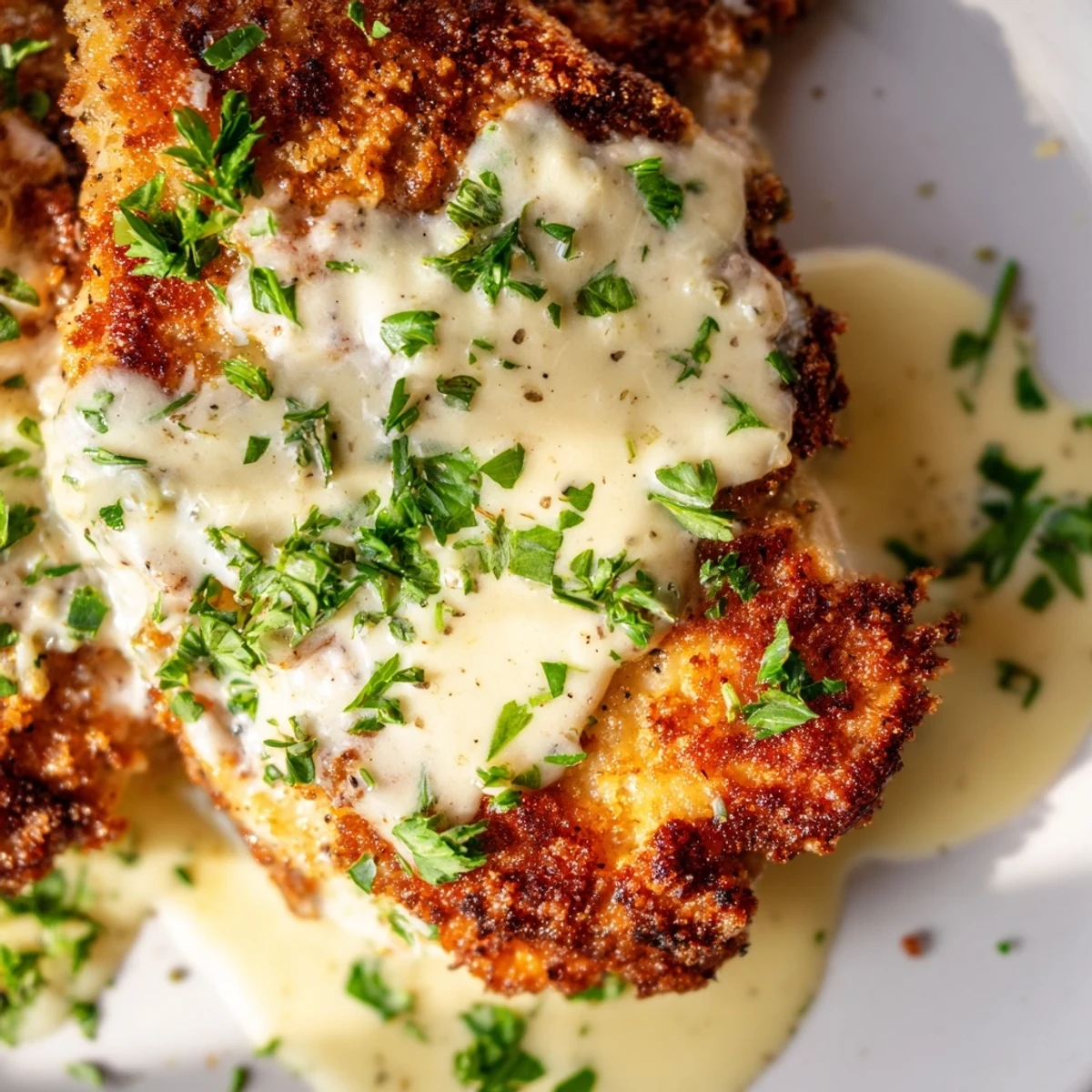 Crispy chicken topped with luscious white sauce and garnished fresh parsley