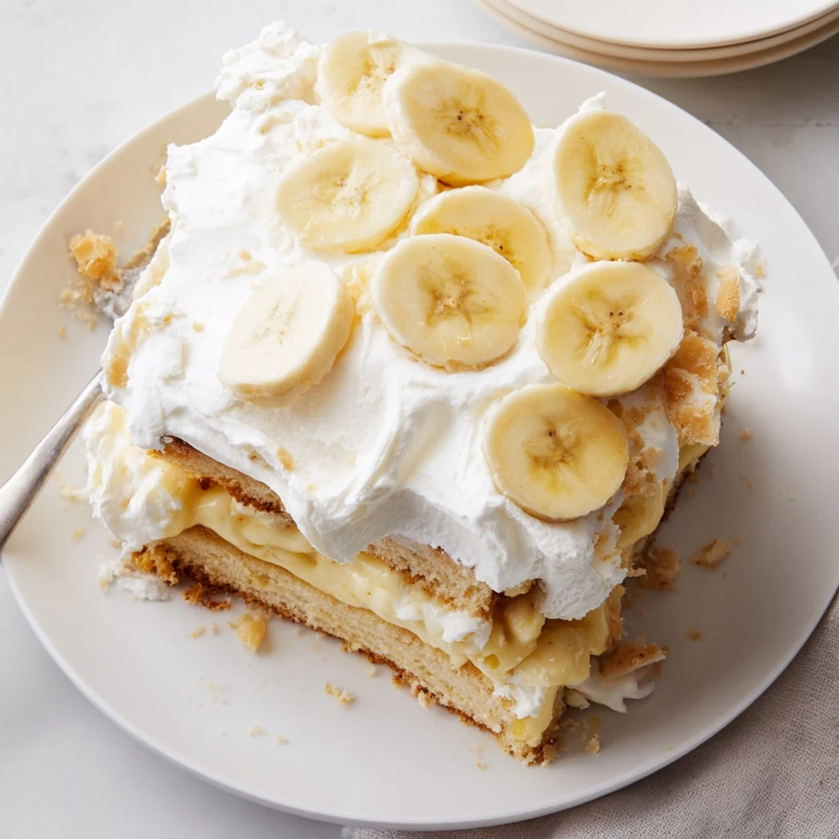 Golden banana pudding cake layered with creamy vanilla pudding and fresh sliced bananas