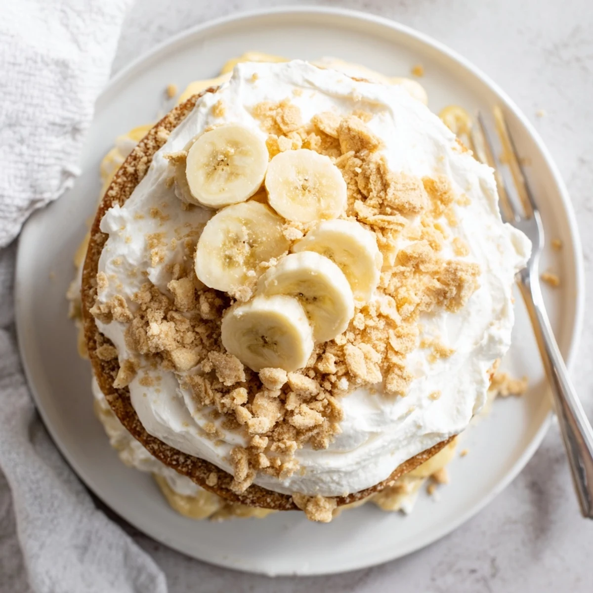 Moist banana cake filled with luscious pudding and decorated with vanilla cookie crumbs