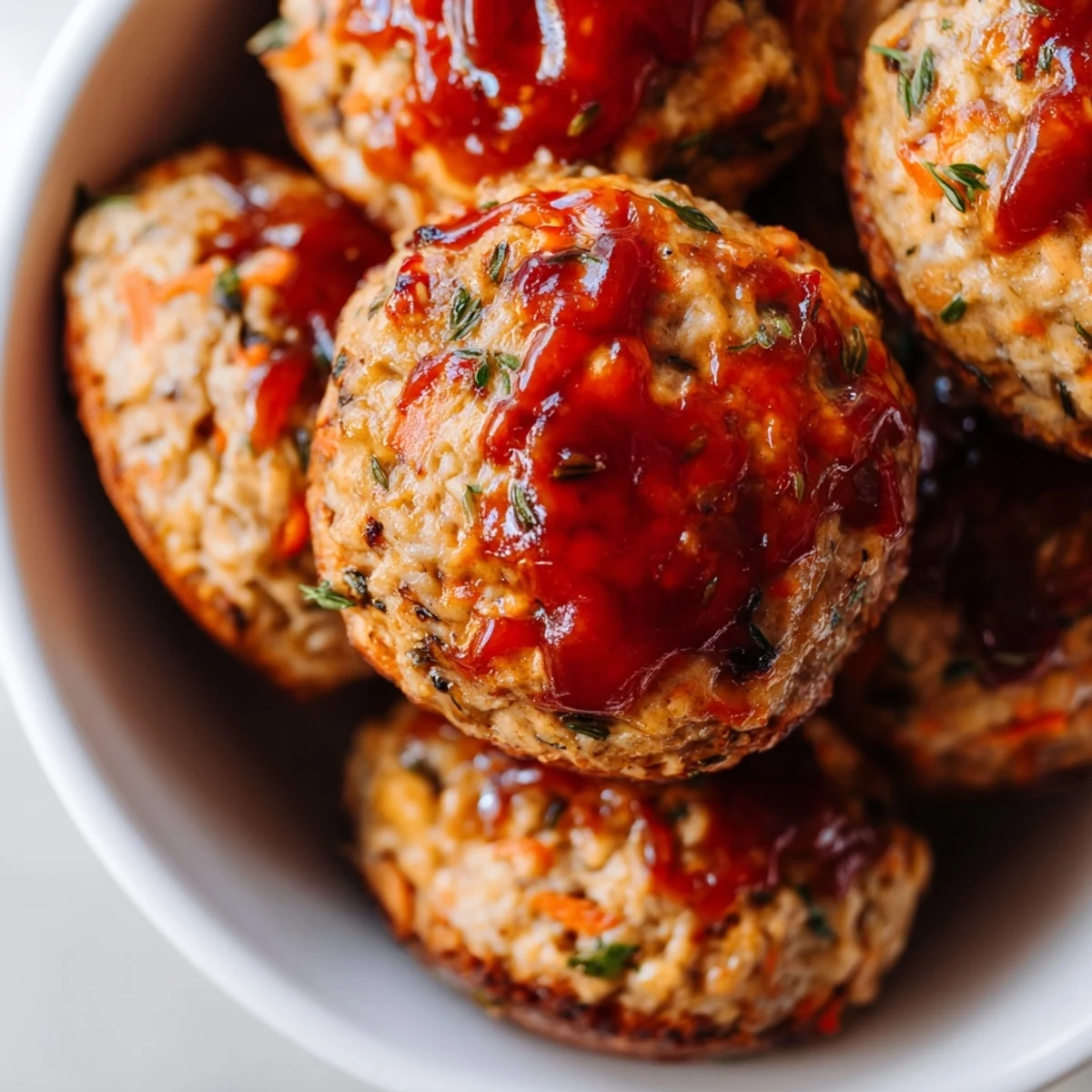 Golden glazed turkey meatloaf muffins topped with ketchup brown sugar glaze on a white plate