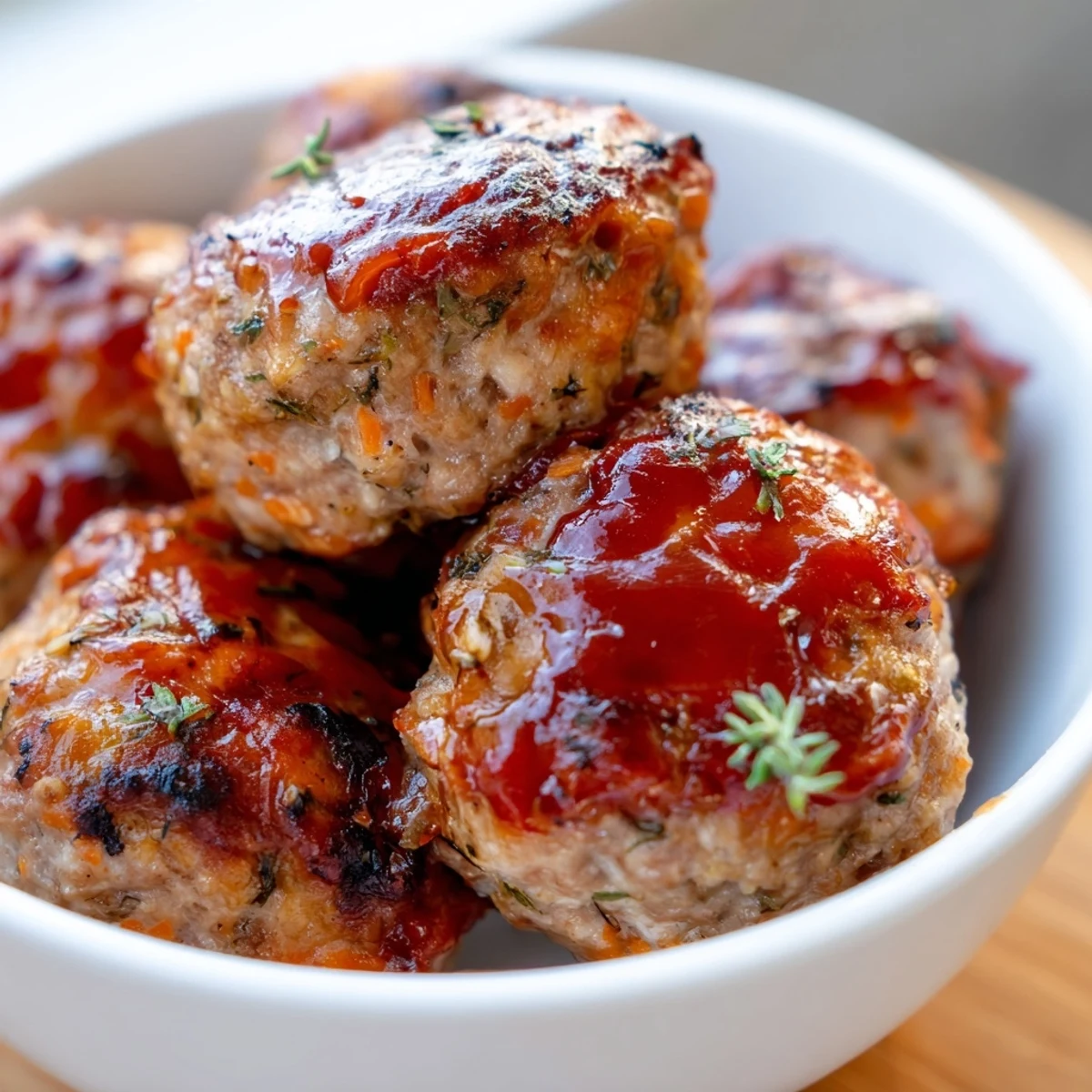 Individual turkey meatloaf muffins with caramelized glaze freshly baked in a muffin tin