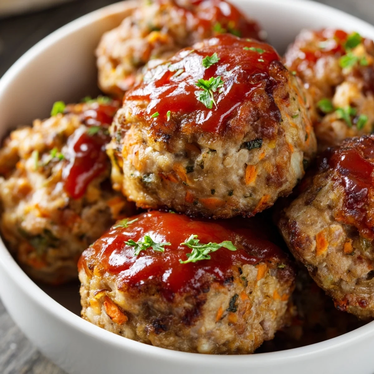 Moist turkey meatloaf muffins brushed with sweet tangy glaze ready for weeknight dinner serving