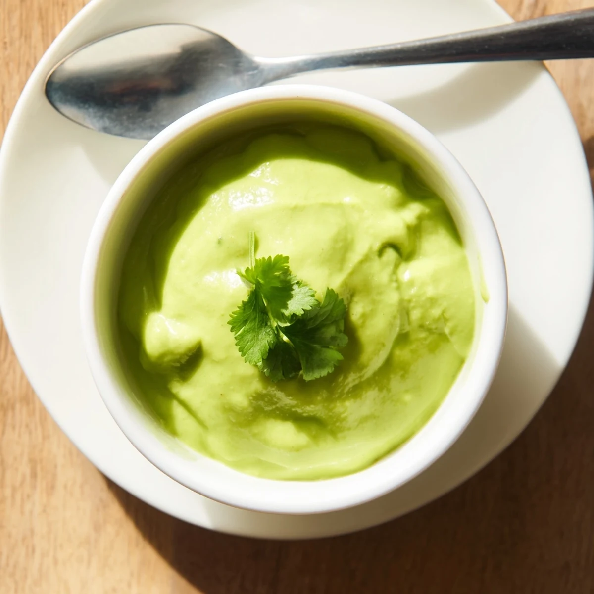 Creamy Peruvian green sauce aji verde served in a small white bowl with a drizzle of olive oil on top