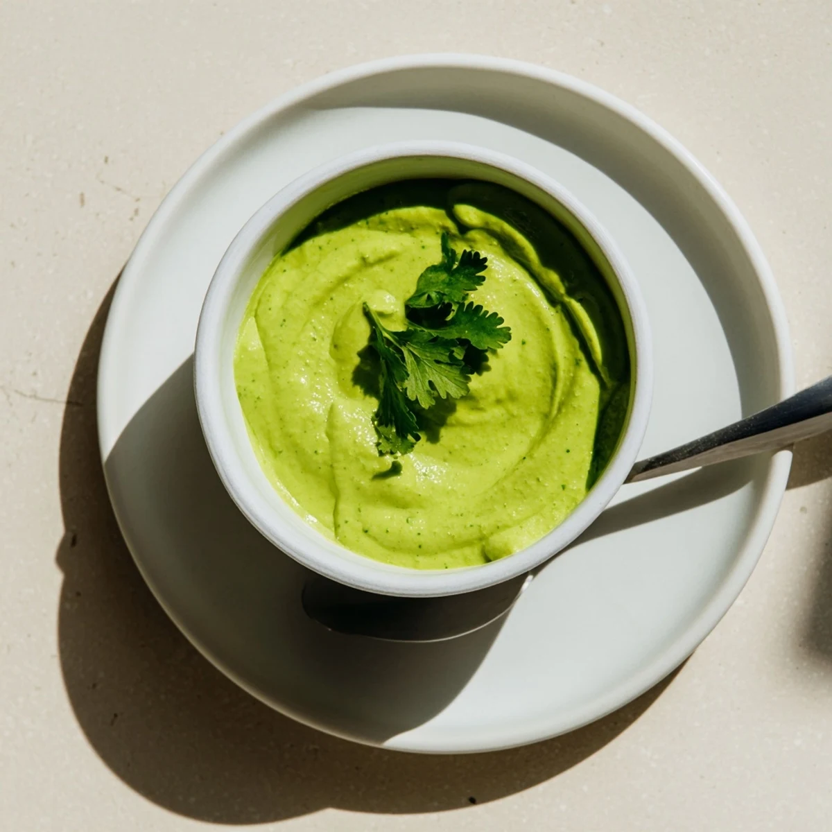 Vibrant bright green Peruvian aji verde sauce dotted with cilantro leaves alongside grilled chicken and roasted vegetables