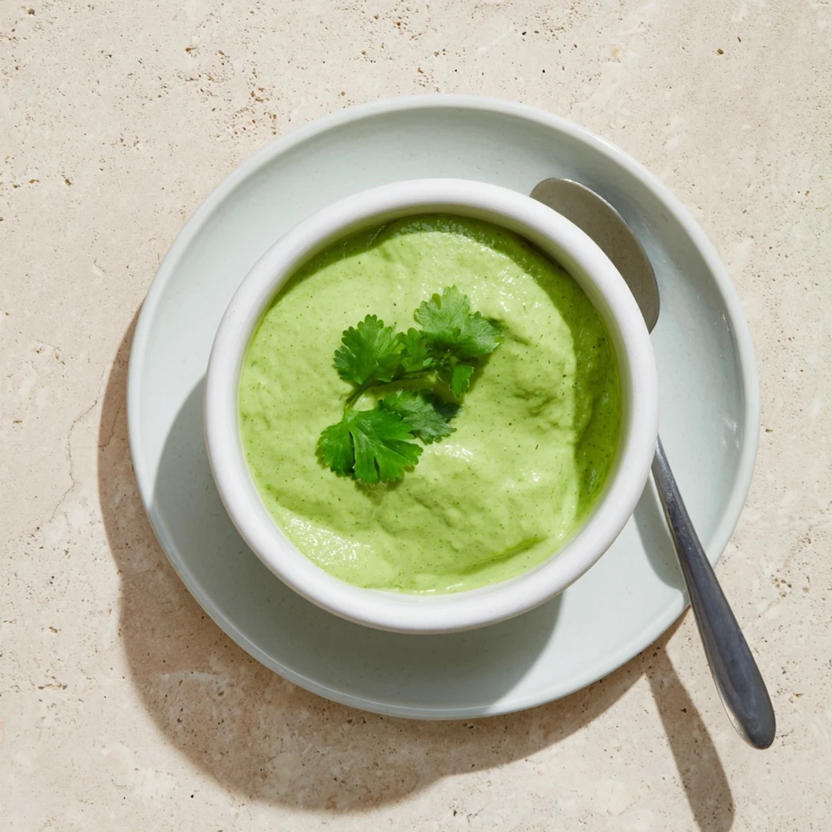 Smooth and spicy Peruvian green sauce aji verde poured over roasted potatoes with fresh lime wedges on the side