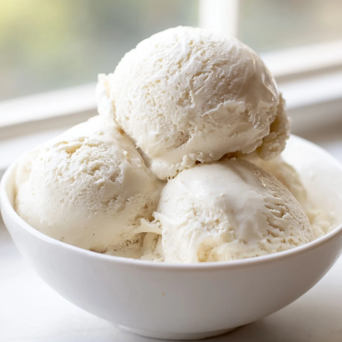 Creamy vanilla ice cream recipe scooped into a bowl with fresh summer berries