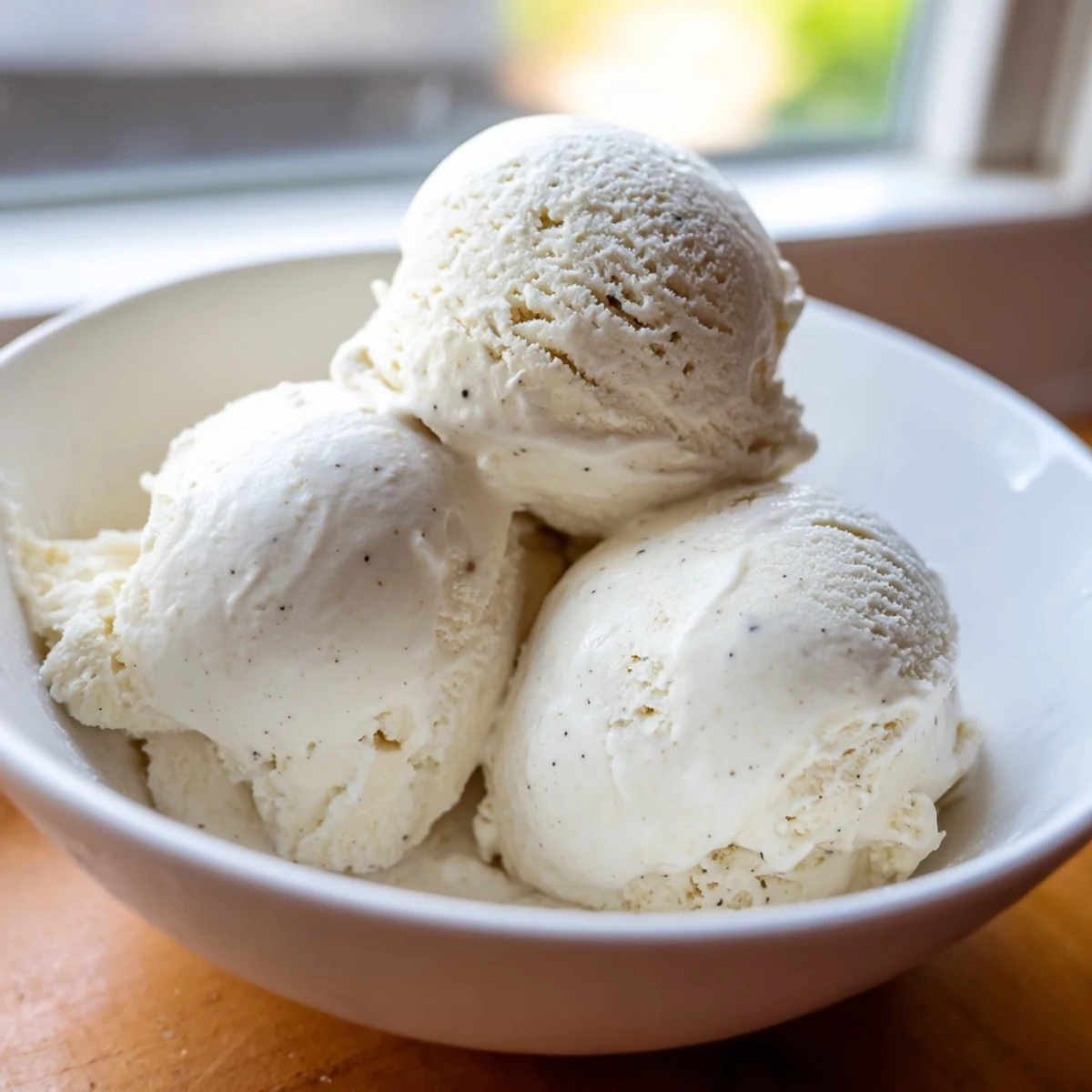 Smooth vanilla ice cream recipe garnished with mint leaf and chocolate drizzle