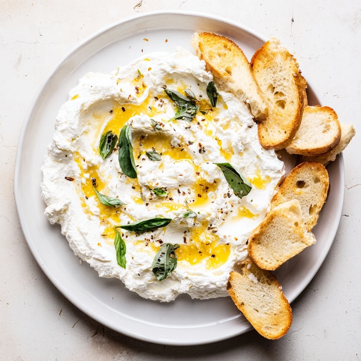 Fluffy white whipped ricotta spread served with toasted crostini and cracked black pepper