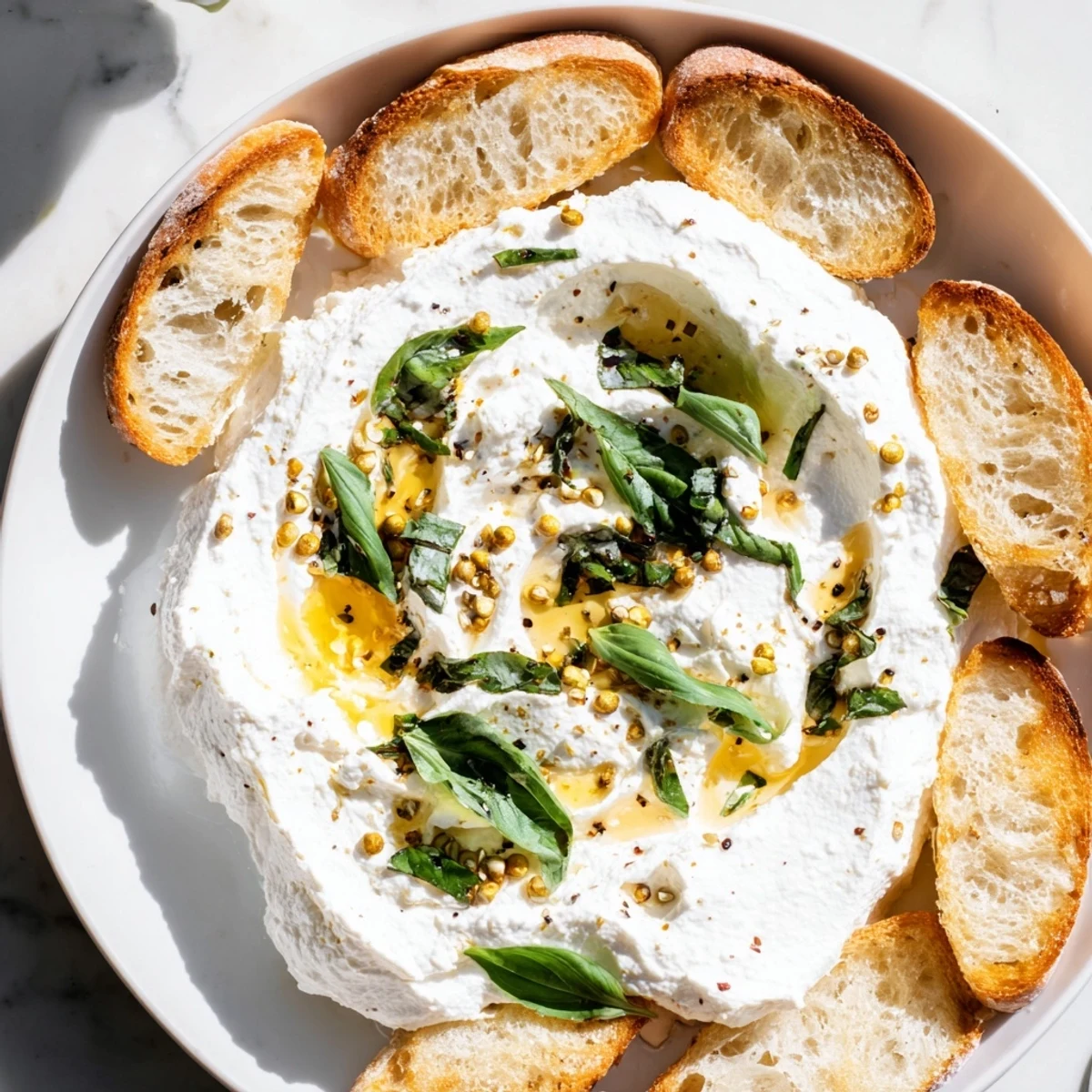 Creamy whipped ricotta topped with honey and fresh herbs on a wooden board