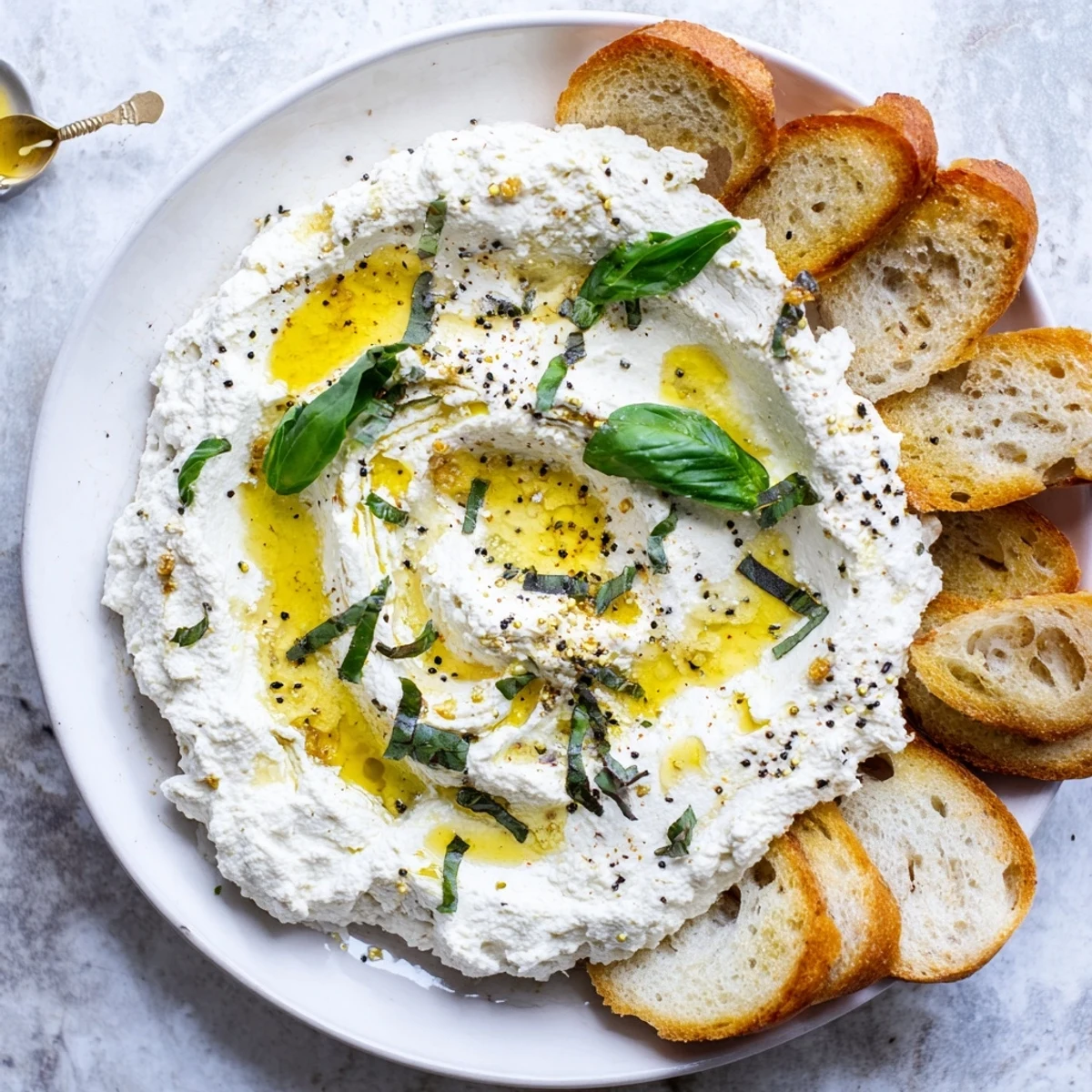 Light and airy whipped ricotta dolloped on rustic bread with a drizzle of olive oil