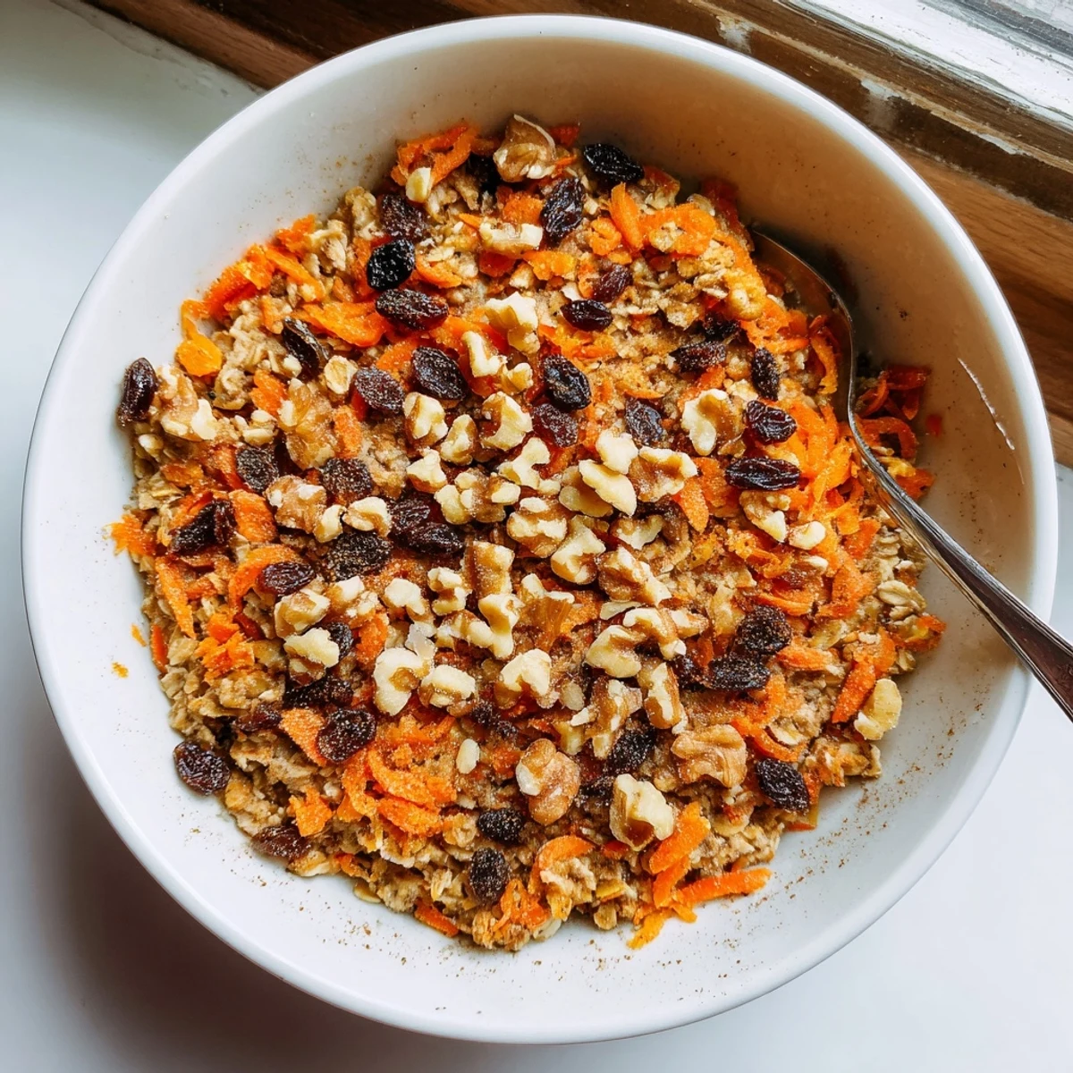Golden carrot cake baked oatmeal topped with walnuts and raisins in a square baking dish