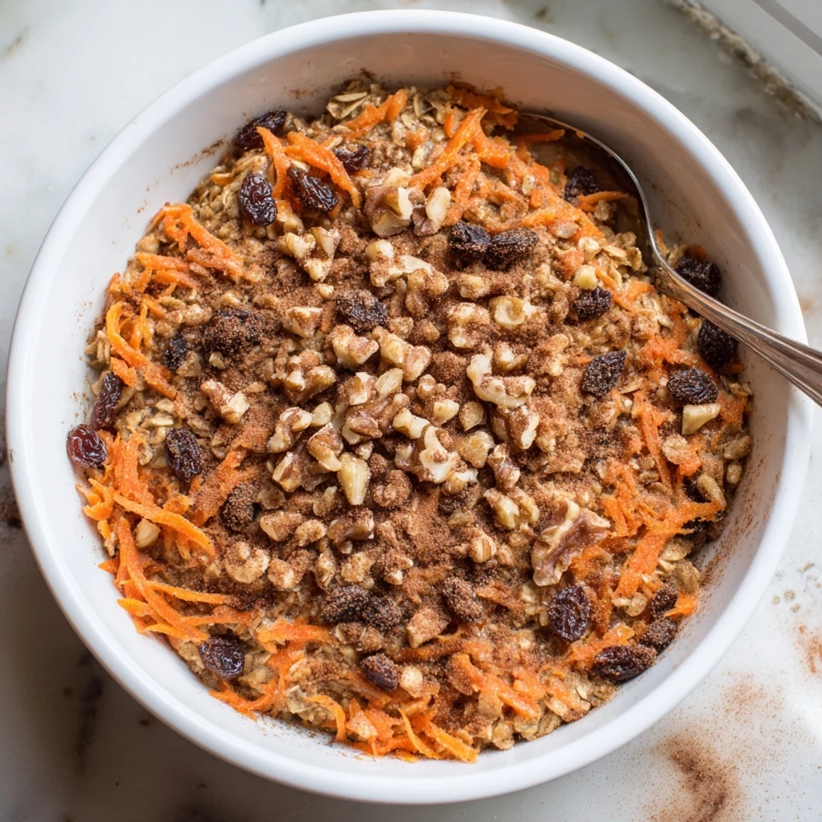 Warm bowl of wholesome carrot cake baked oatmeal sprinkled with cinnamon and pecans
