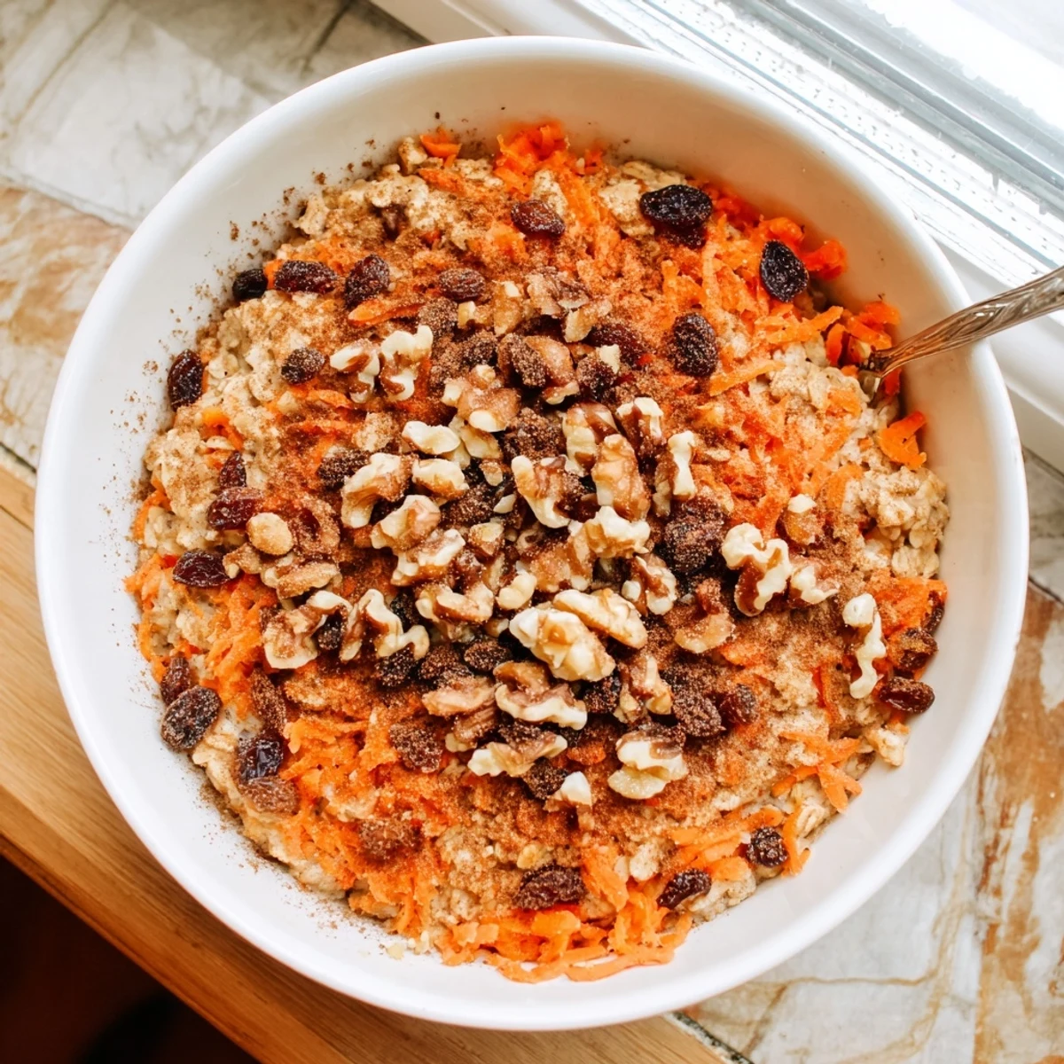 Sliced carrot cake baked oatmeal showing tender texture with grated carrots and sweet raisins