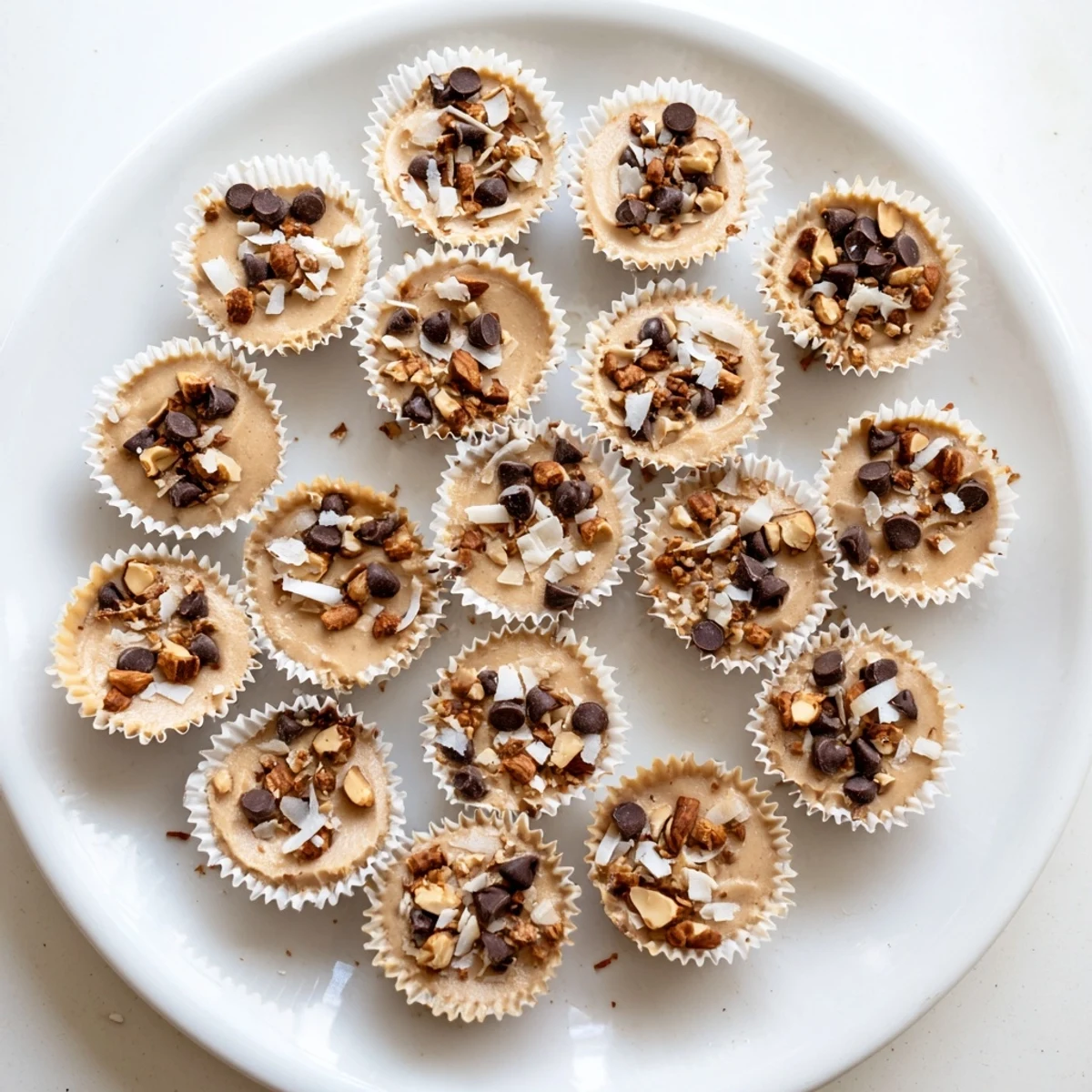 Creamy frozen peanut butter Greek yogurt bites topped with melted chocolate and crushed peanuts on a white plate
