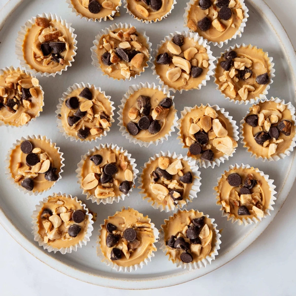 Frozen peanut butter Greek yogurt bites arranged in a muffin tin with chocolate chip and peanut toppings