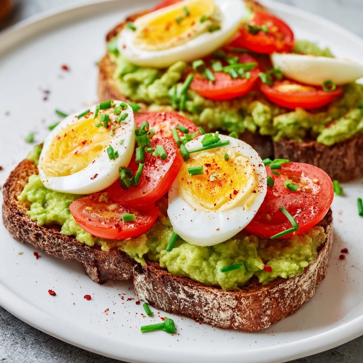 Crisp sourdough toast layered with creamy mashed avocado, sliced tomato, and hard-boiled egg.