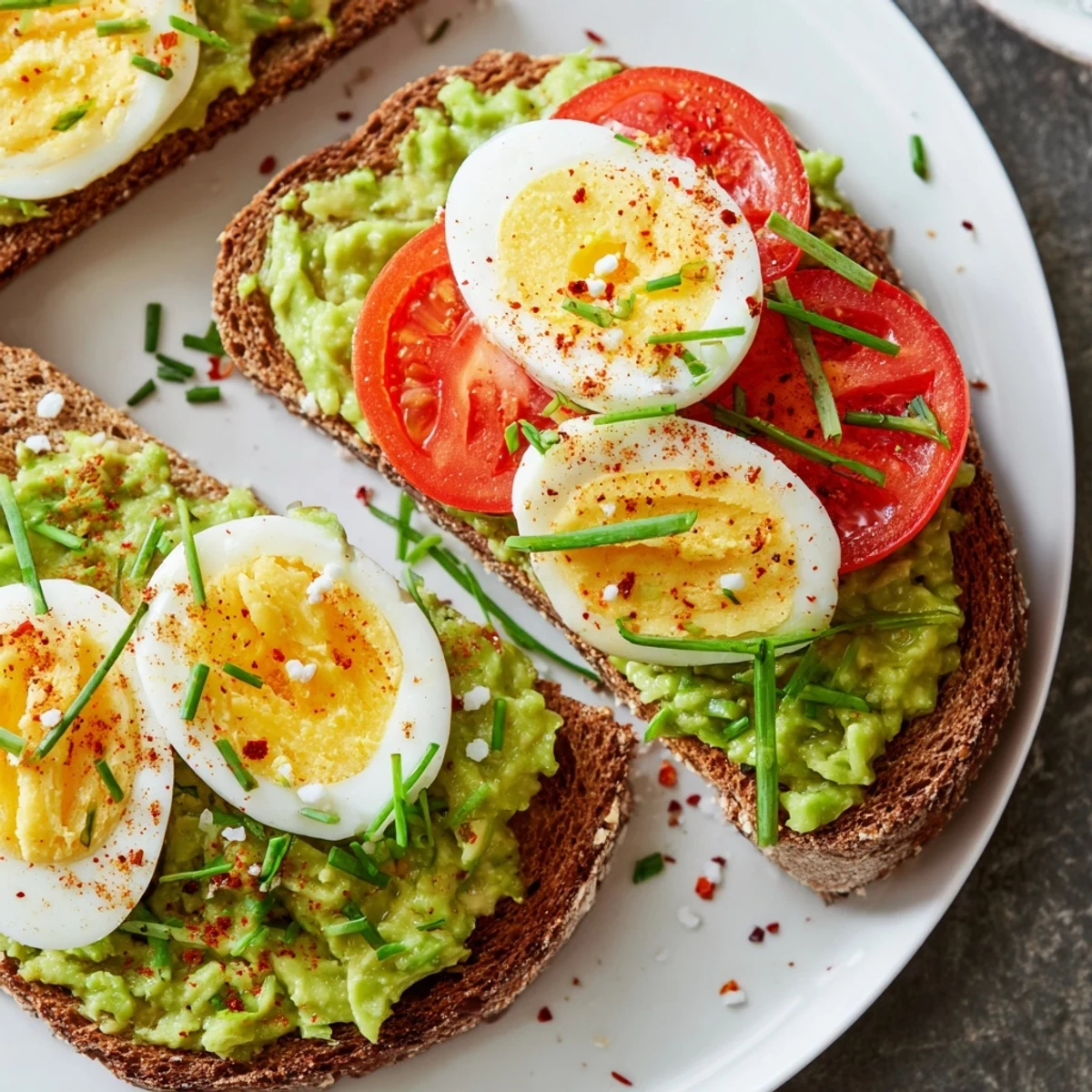 Golden avocado toast with tomato and hard-boiled egg garnished with fresh chives and red pepper flakes.
