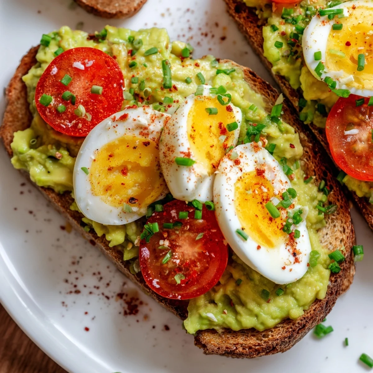 Protein-rich avocado toast featuring ripe tomato slices and sliced hard-boiled eggs on toasted bread.
