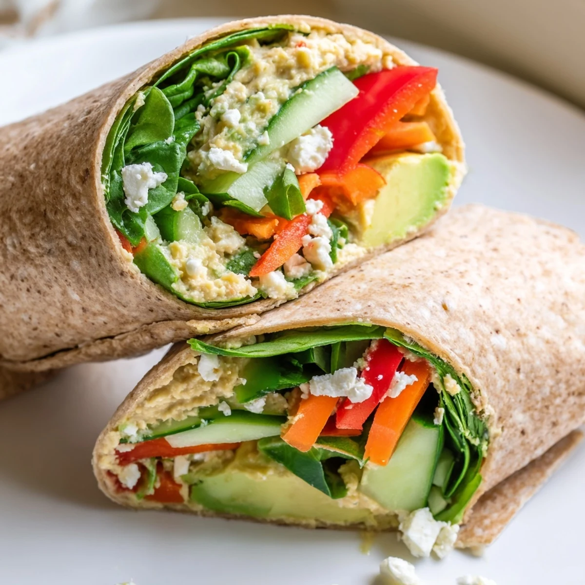 Whole wheat tortilla wrap filled with creamy spinach hummus and colorful fresh sliced vegetables