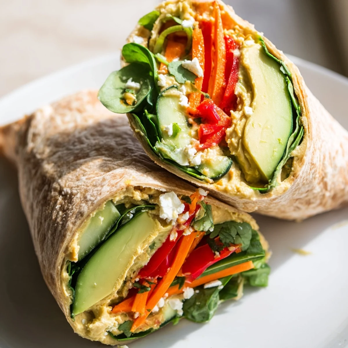 Mediterranean-style lunch wrap featuring hummus spread with crisp cucumber carrot bell pepper and fresh spinach