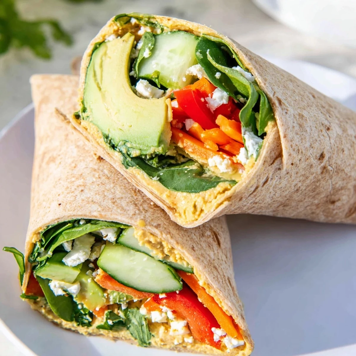 Healthy vegetarian spinach hummus wrap rolled tight with avocado slices and crunchy garden vegetables