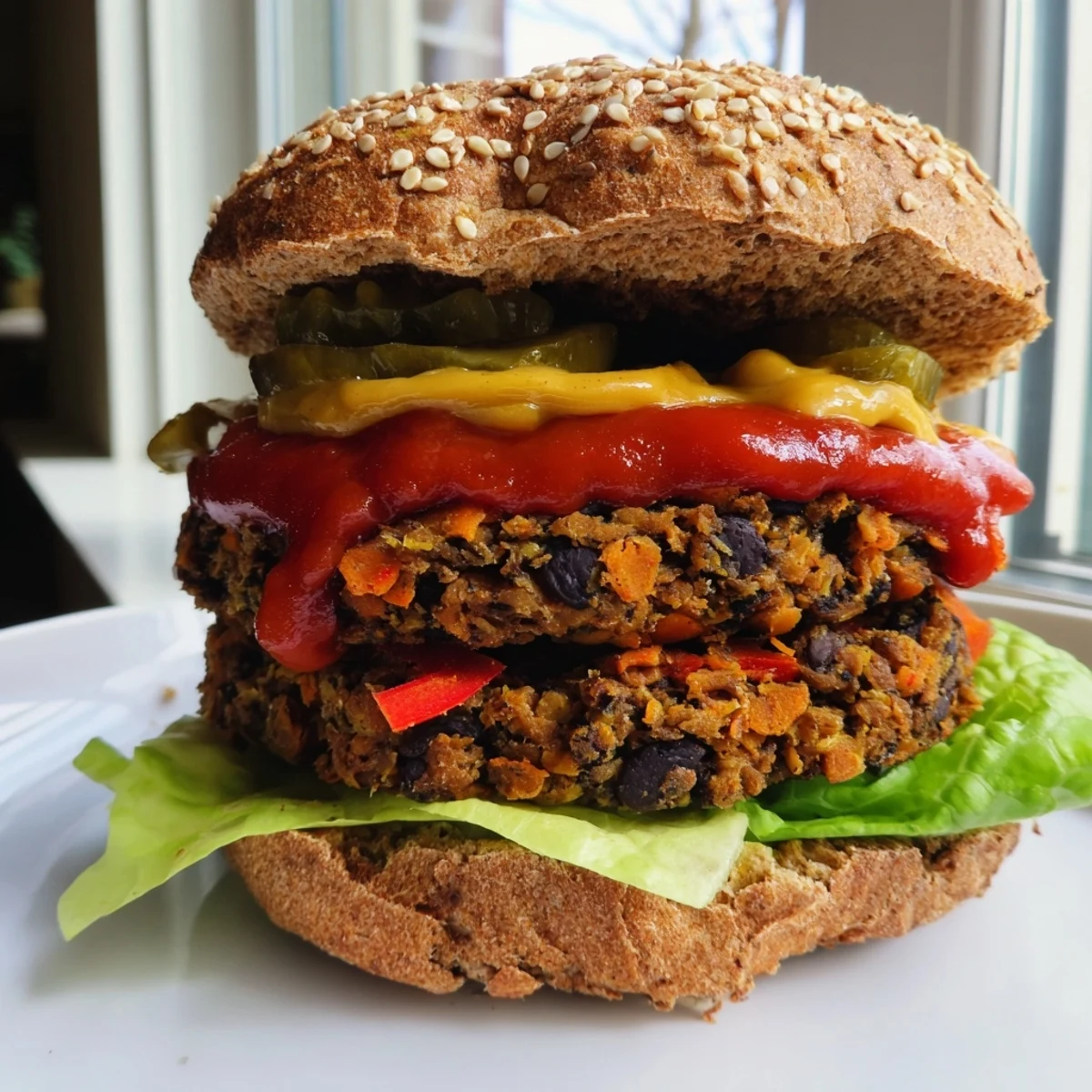 Golden veggie burger patties with black beans, fresh vegetables, and seasonings on a toasted bun