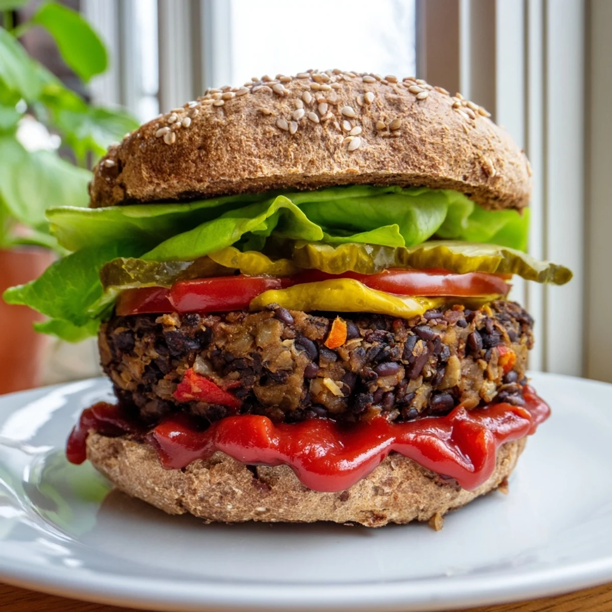 Homemade black bean veggie burgers sizzling in a skillet with colorful diced vegetables