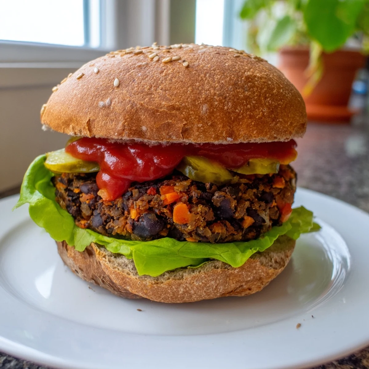 Hearty vegetarian bean burgers topped with crisp lettuce, juicy tomato, and creamy condiments