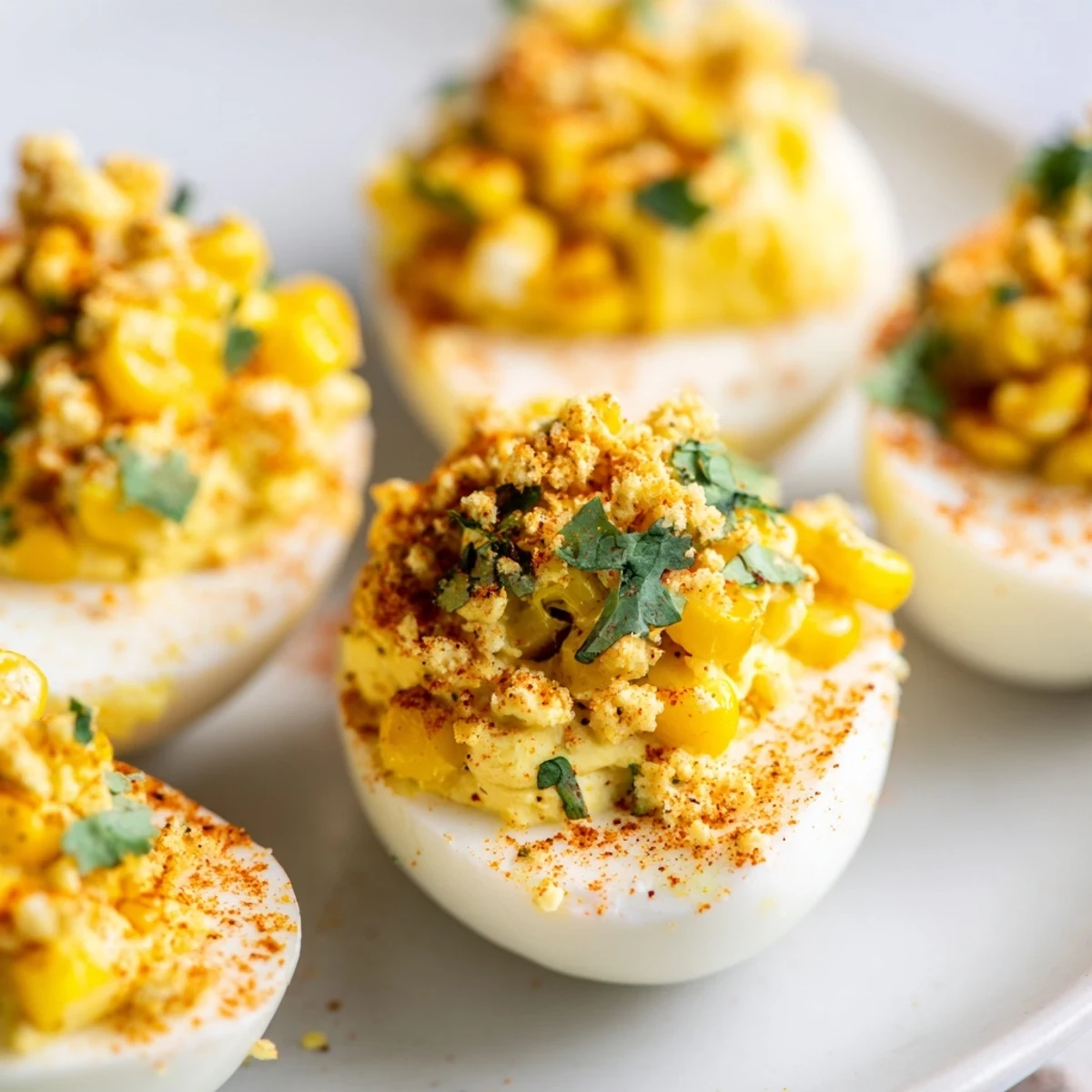 Mexican Street Corn Deviled Eggs topped with crumbly cotija cheese, fresh cilantro, and chili powder