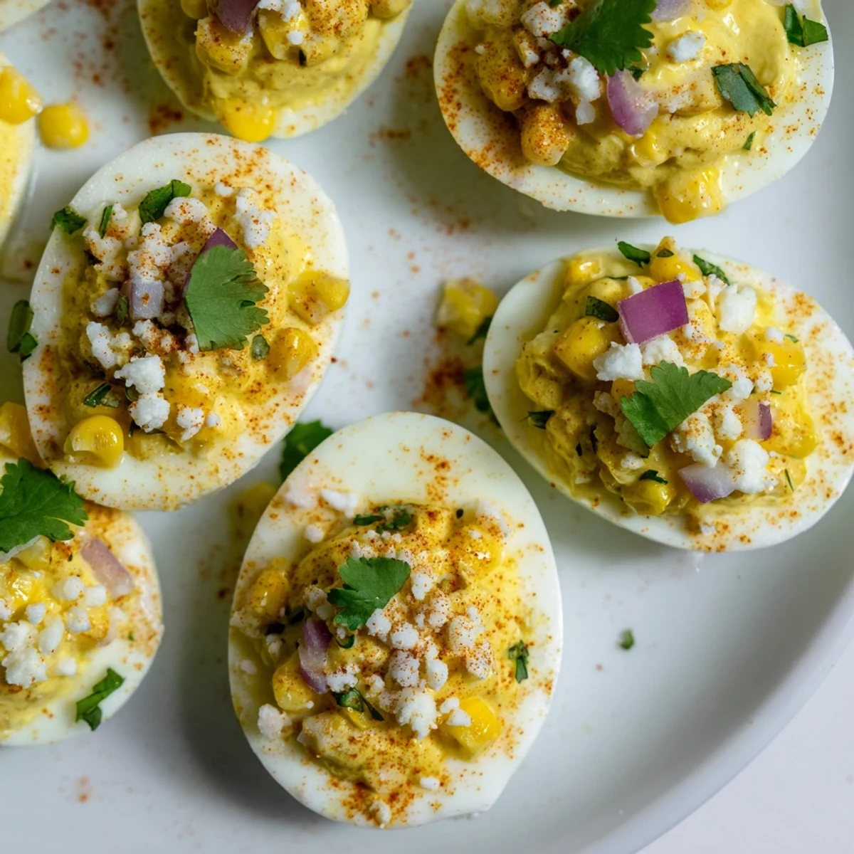 Creamy Mexican Street Corn Deviled Eggs garnished with lime wedges and corn kernels on a white platter