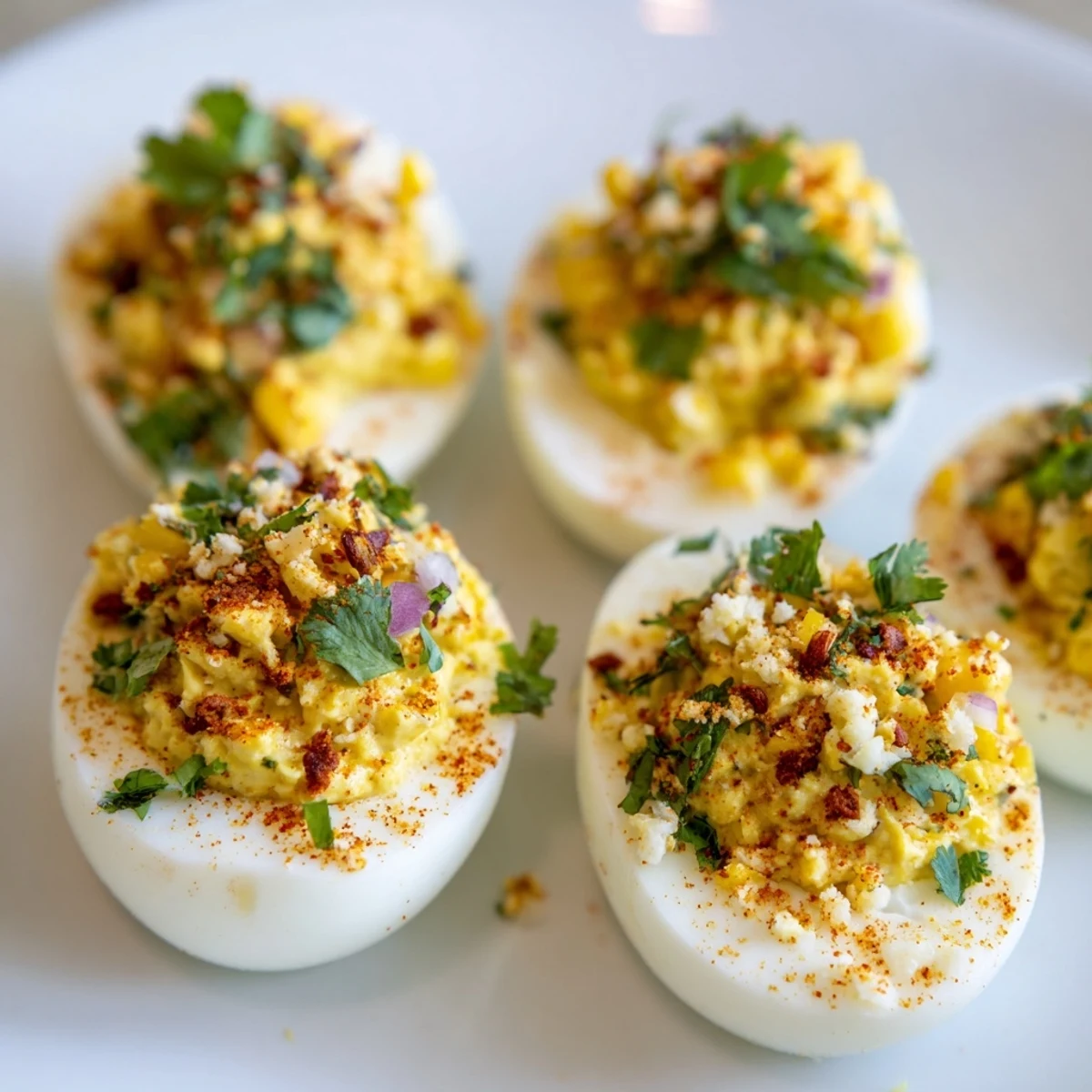 Golden Mexican Street Corn Deviled Eggs sprinkled with Tajín and served on a decorative appetizer tray