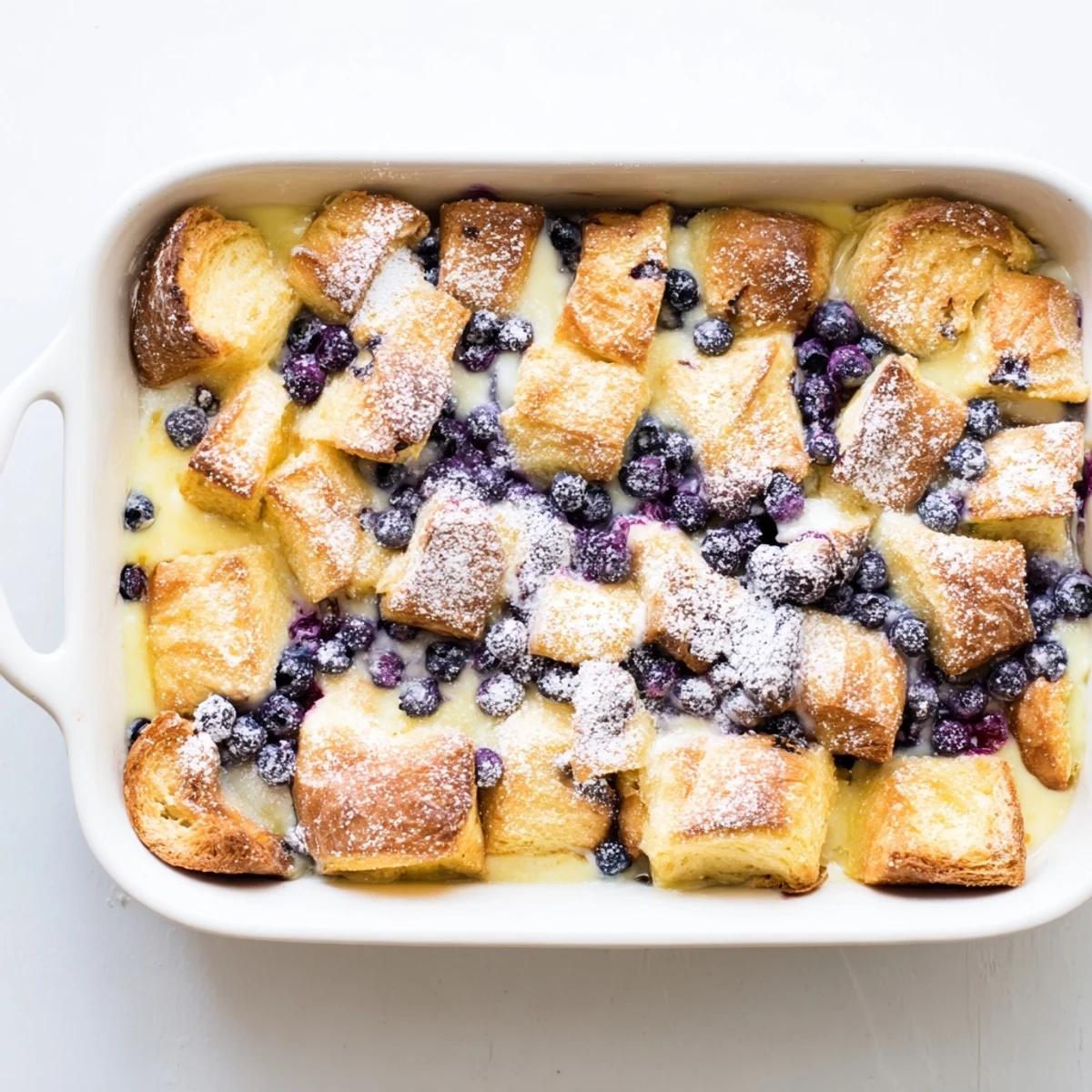 Golden blueberry cream cheese croissant casserole with powdered sugar dusting on top