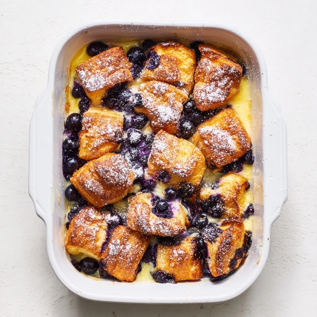 Warm breakfast casserole with buttery croissants and sweet cream cheese swirls