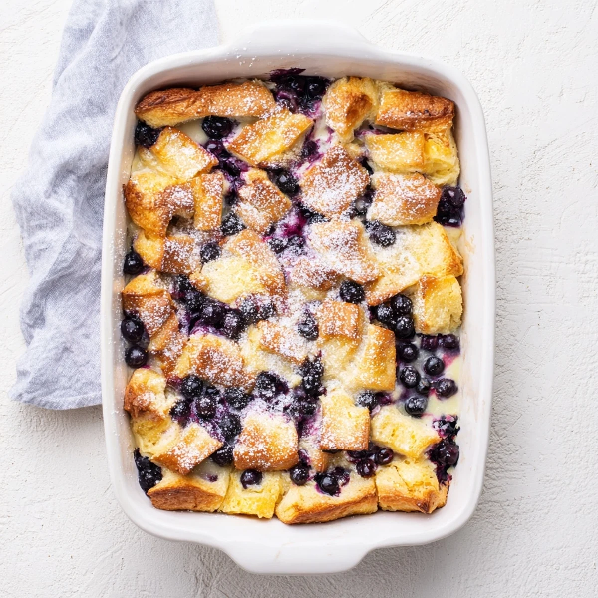 Baked brunch dish featuring juicy blueberries nestled in creamy custard soaked croissants