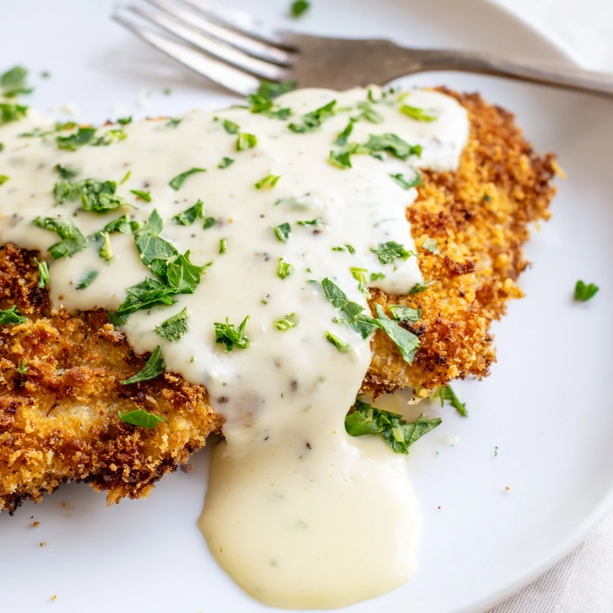 Golden brown crispy chicken breasts drizzled with rich velvety parmesan creamy sauce