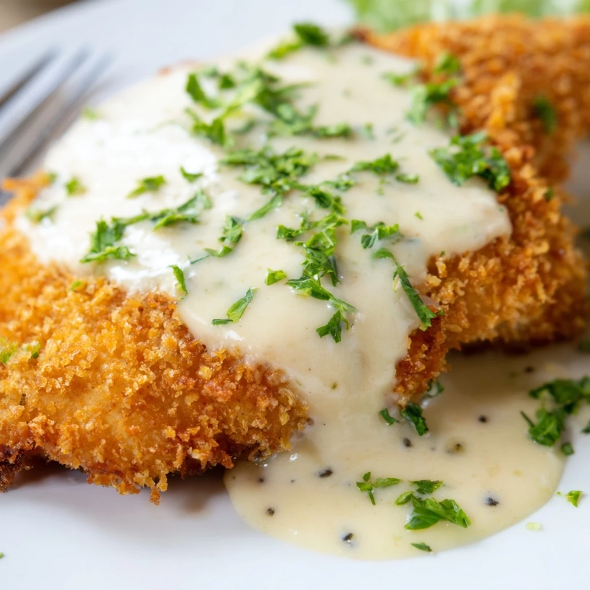 Pan-fried crispy chicken topped with smooth white garlic sauce and fresh parsley garnish