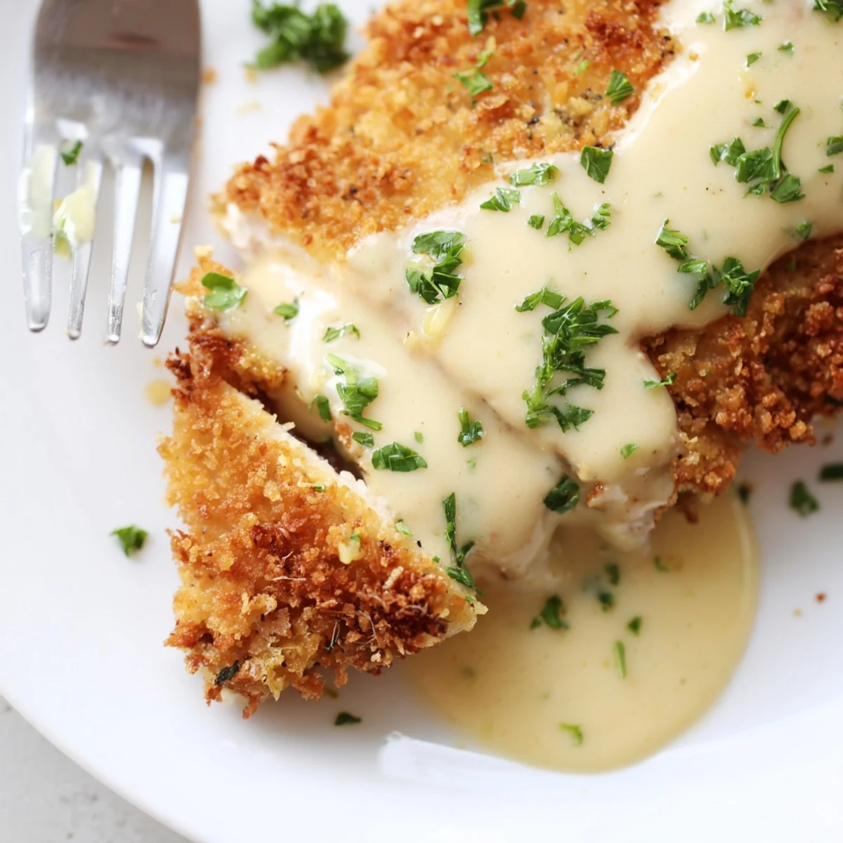 Juicy breaded chicken cutlets served on white plate with luxurious cream sauce coating