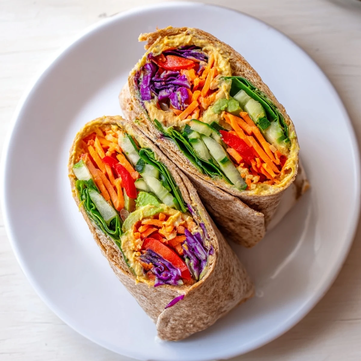 Diagonal slice revealing layers of red bell pepper, cucumber slices, red cabbage, and avocado inside this fresh veggie wrap with hummus recipe