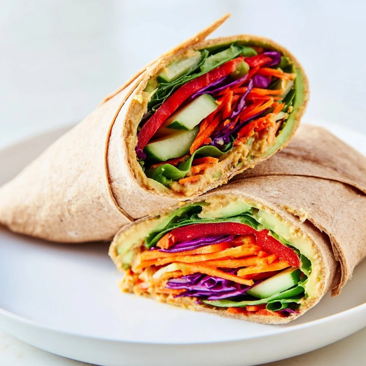 Golden whole wheat tortilla wrapped with colorful shredded carrots, crisp spinach, and creamy hummus for a Mediterranean veggie wrap with hummus recipe