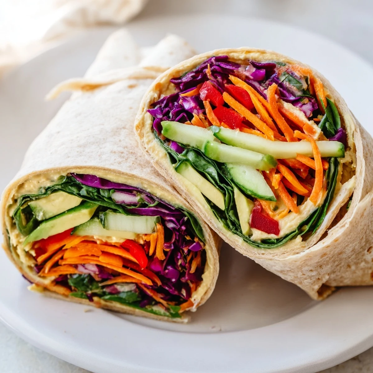 Rolled tortilla packed with vibrant garden vegetables and smooth hummus spread, perfect for healthy lunch veggie wrap with hummus recipe