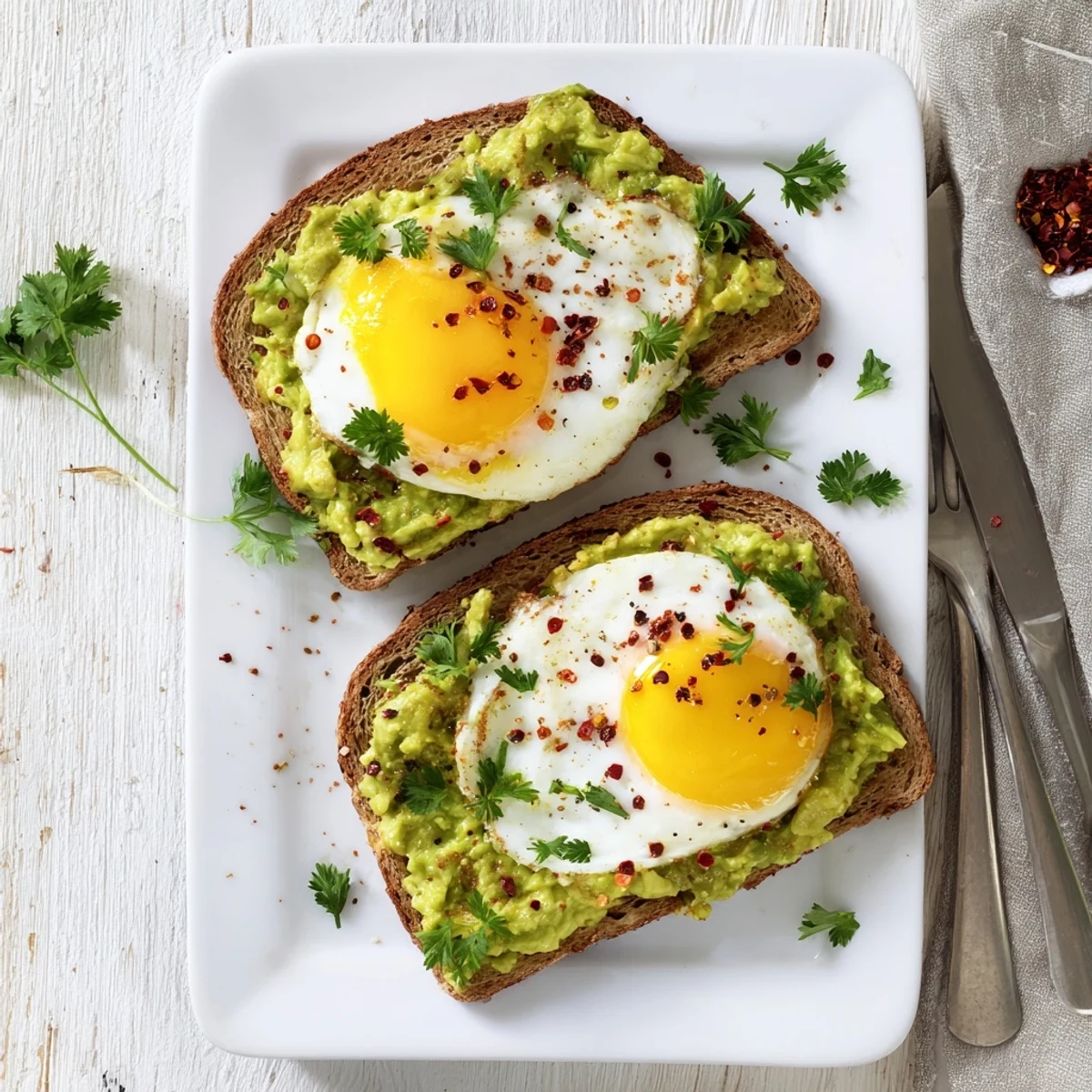 Breakfast plate featuring two slices of crunchy sourdough topped with smashed avocado and sunny-side-up eggs in this easy avocado toast with egg recipe