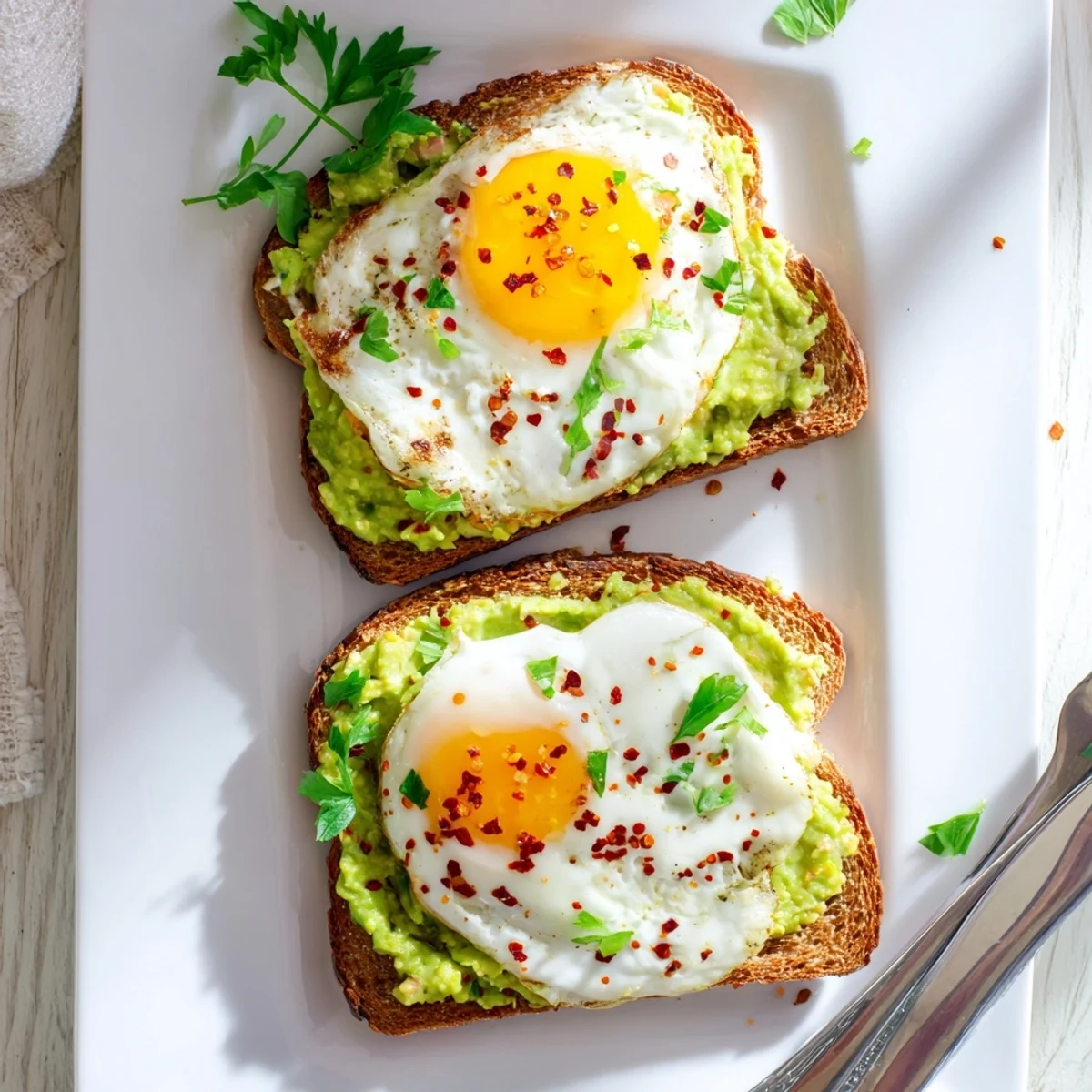 Rustic whole grain toast spread with ripe avocado and topped with a warm fried egg drizzled with hot sauce in this simple avocado toast with egg recipe