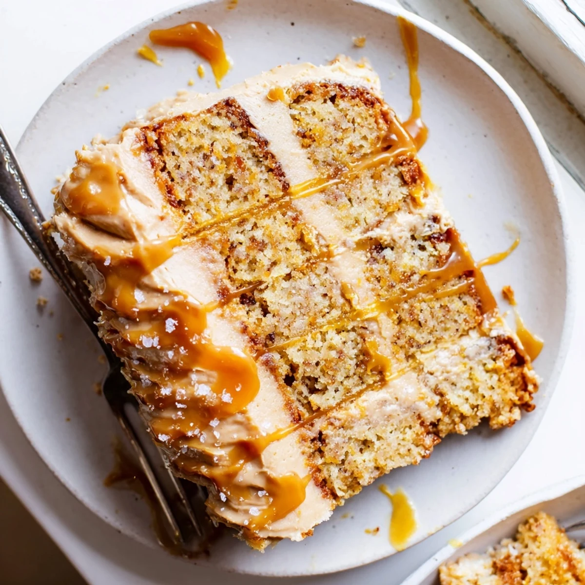 Two-layer salted caramel banana cake with brown butter sponge and luscious caramel drip topping