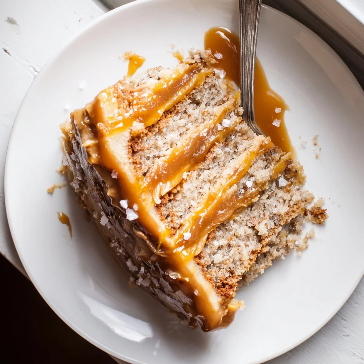 Decadent brown butter banana cake slice topped with creamy caramel frosting and sea salt