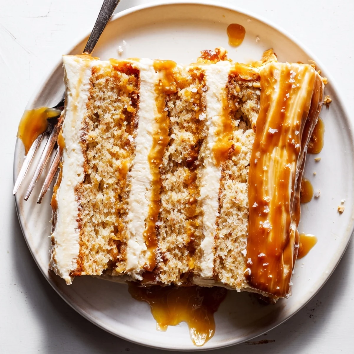 Moist banana cake layered with salted caramel frosting and drizzled with golden caramel sauce