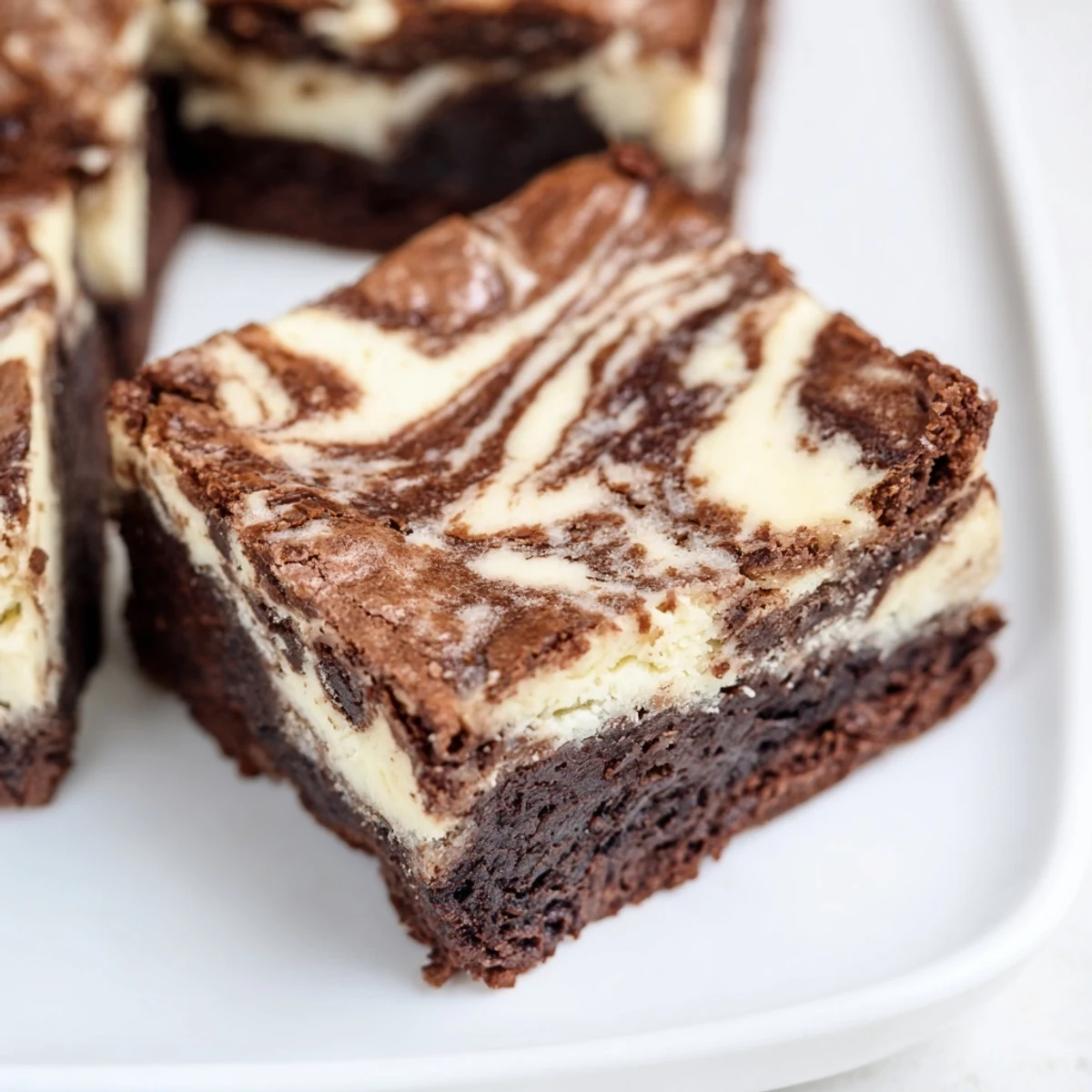 Square slice of sourdough cheesecake brownie bars showcasing marble pattern and dense chewy texture