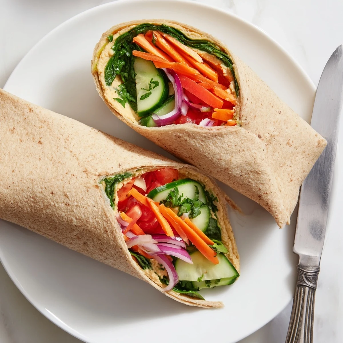 Golden whole wheat tortilla wrapped around creamy hummus with crisp cucumber bell pepper and fresh spinach