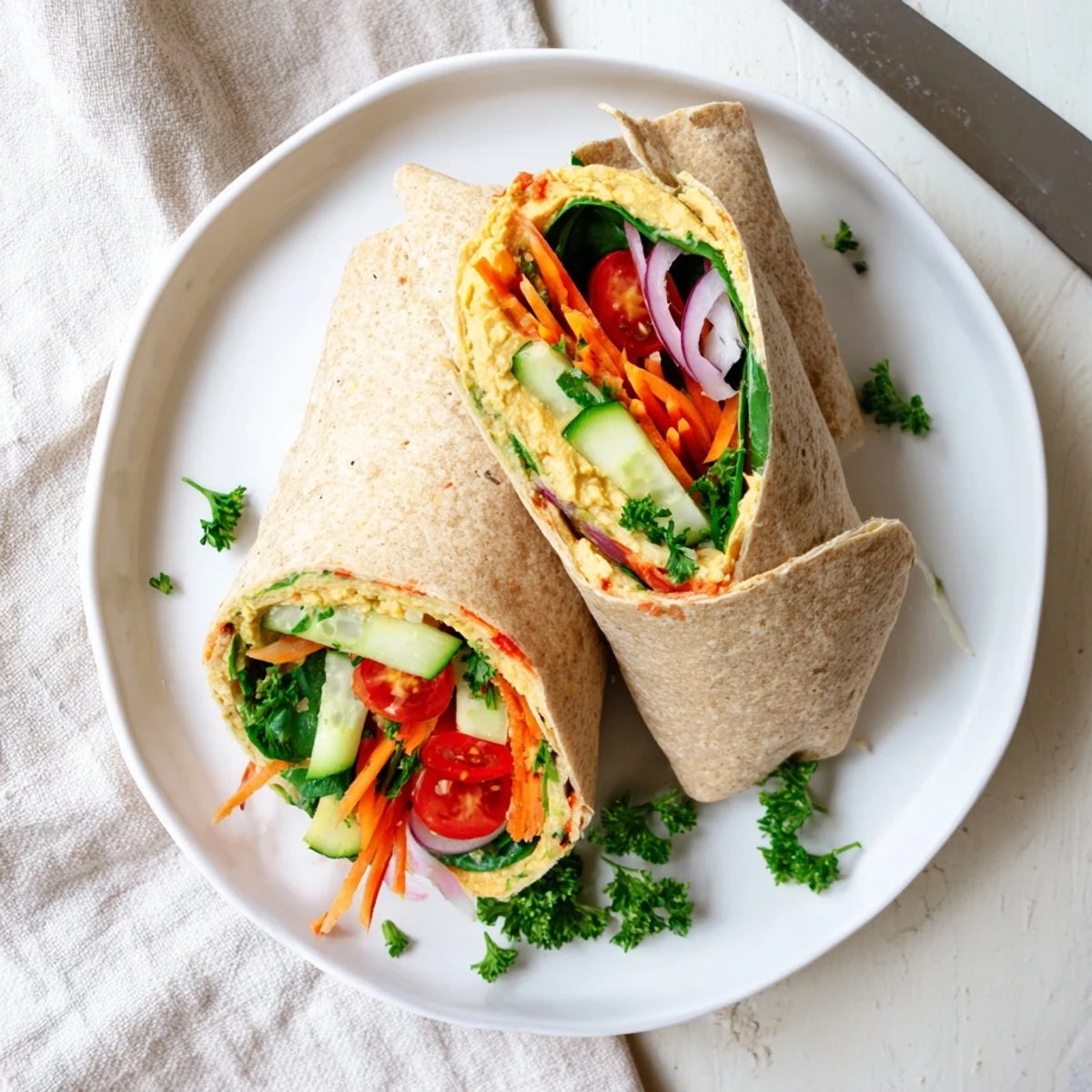 Fresh vegetable hummus wrap plated on rustic surface featuring red bell pepper avocado and vibrant greens